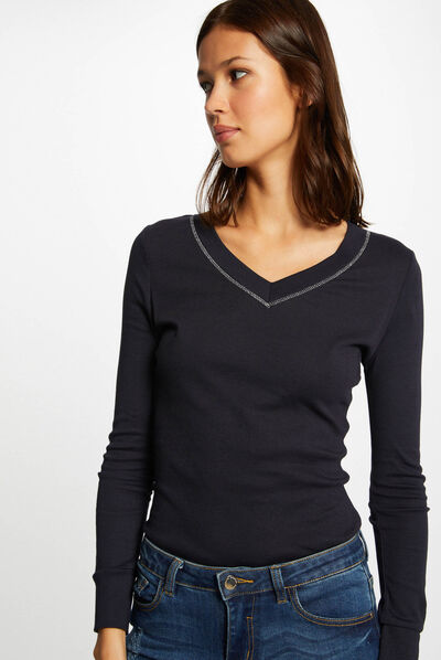 Long-sleeved t-shirt with V-neck navy ladies'