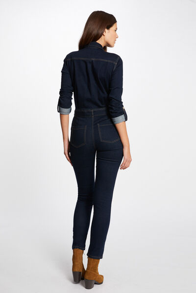Fitted buttoned denim jumpsuit raw denim ladies'