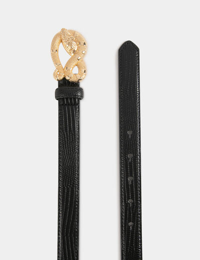 Belt with snake effect and snake buckle black ladies'