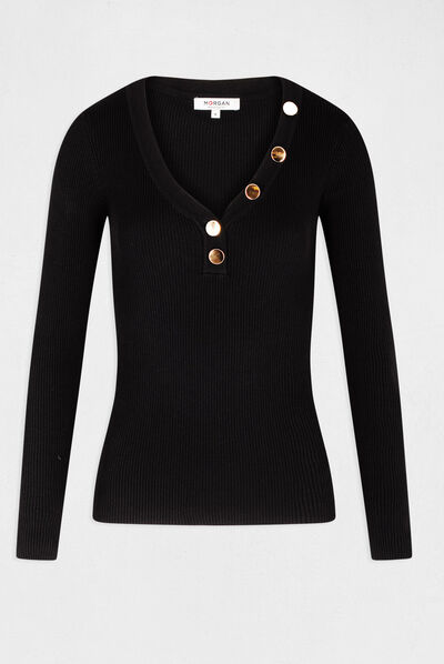 Long-sleeved jumper buttons fine knit black ladies'