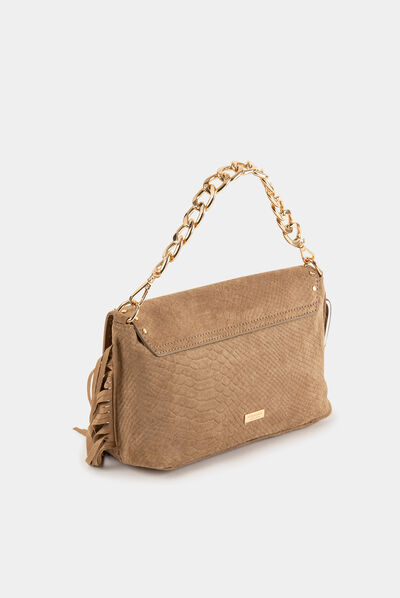 Bag with croc effect fringes and studs beige ladies'