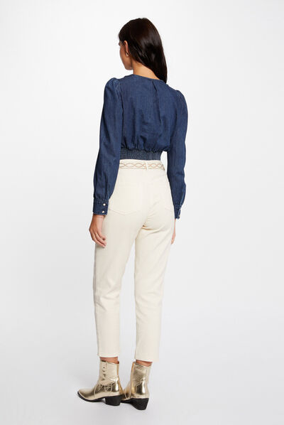 Long-sleeved denim blouse raw denim ladies'