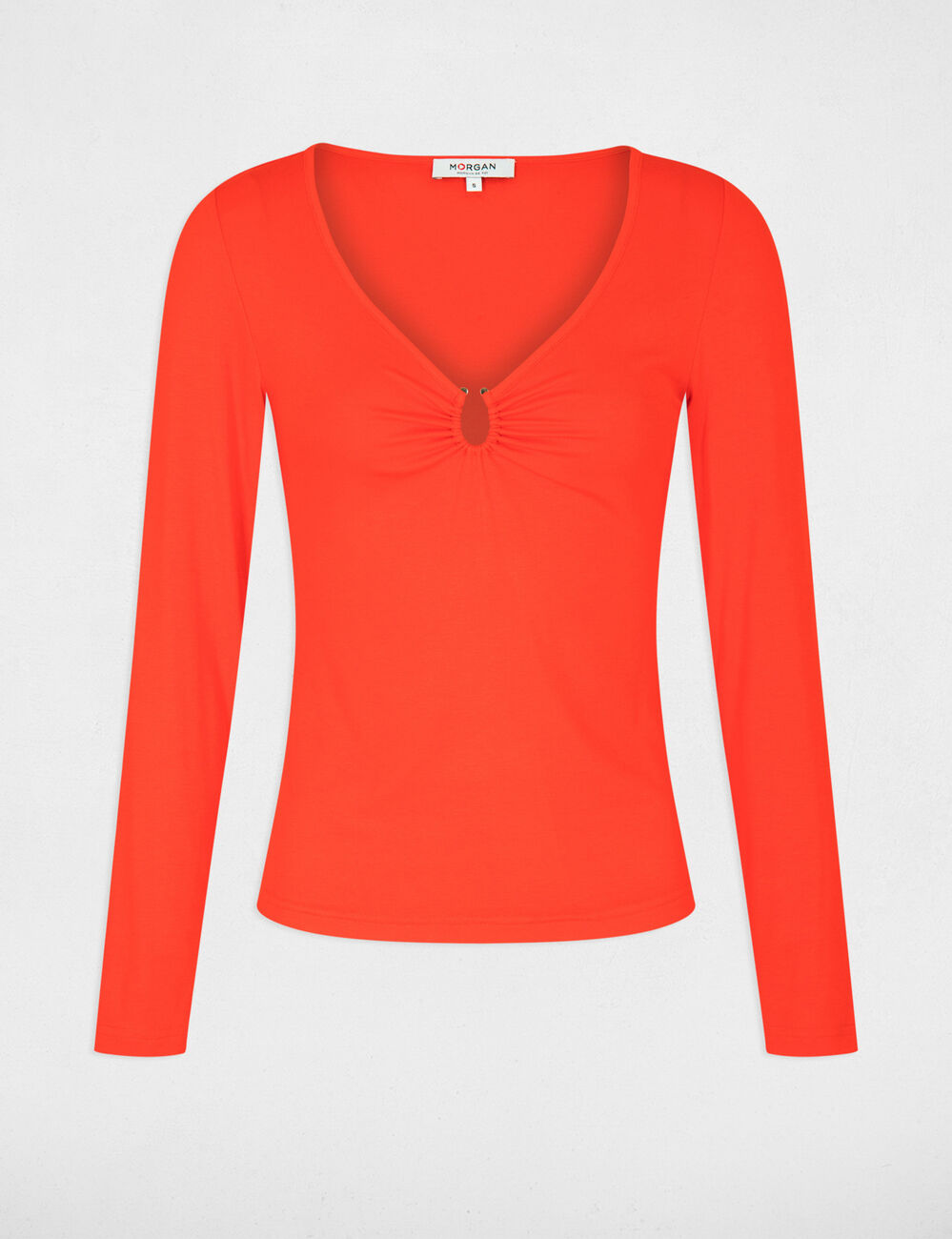 Long-sleeved t-shirt with V-neck orange women