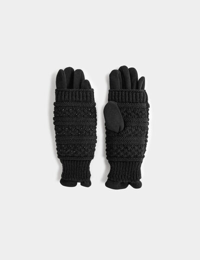 Knitted gloves with rhinestones black ladies'