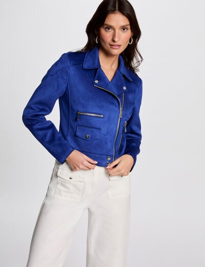 Zipped short suede jacket electric blue women
