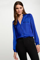 Chemise manches longues satin bleu femme
