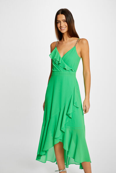 Maxi A-line dress with ruffles green ladies'