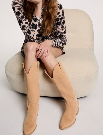 Suede western boots beige women