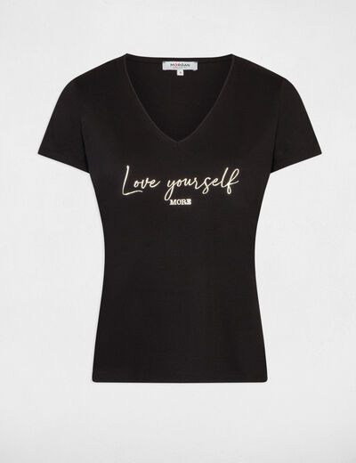 T-shirt with message V-neck black ladies'