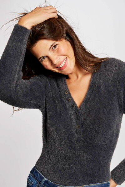 Long-sleeved jumper with V-neck anthracite grey ladies'