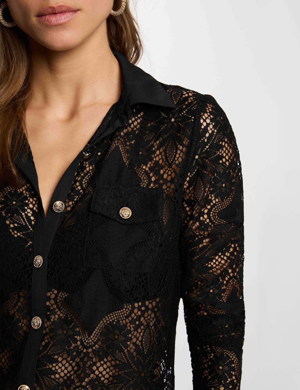 Lace shirt with a notched collar black women