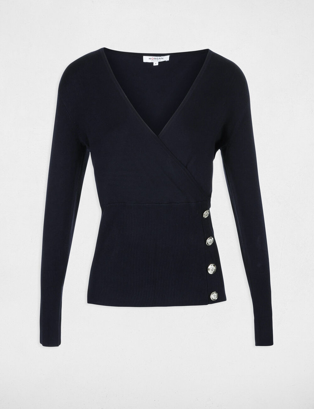 Long-sleeved jumper wrap-over neckline navy blue women