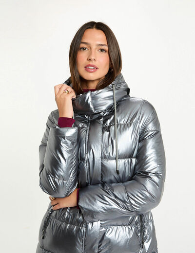 Shiny long puffer jacket silver color women