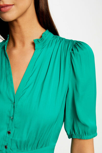 3/4-length sleeved buttoned dress mid-green ladies'