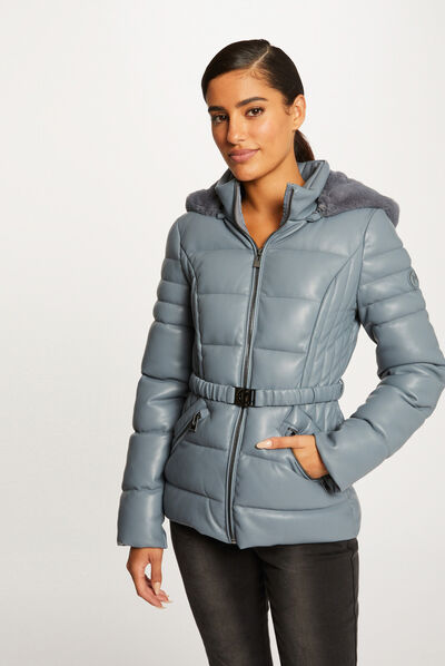 Straight belted padded jacket with hood blue ladies'