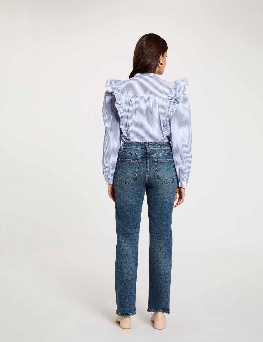 Striped shirt with mandarin collar sky blue women