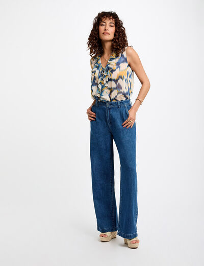 High waist wide leg jeans stone wash denim women