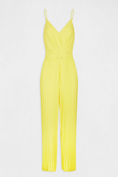 Wide leg pleated jumpsuit with open back yellow ladies'
