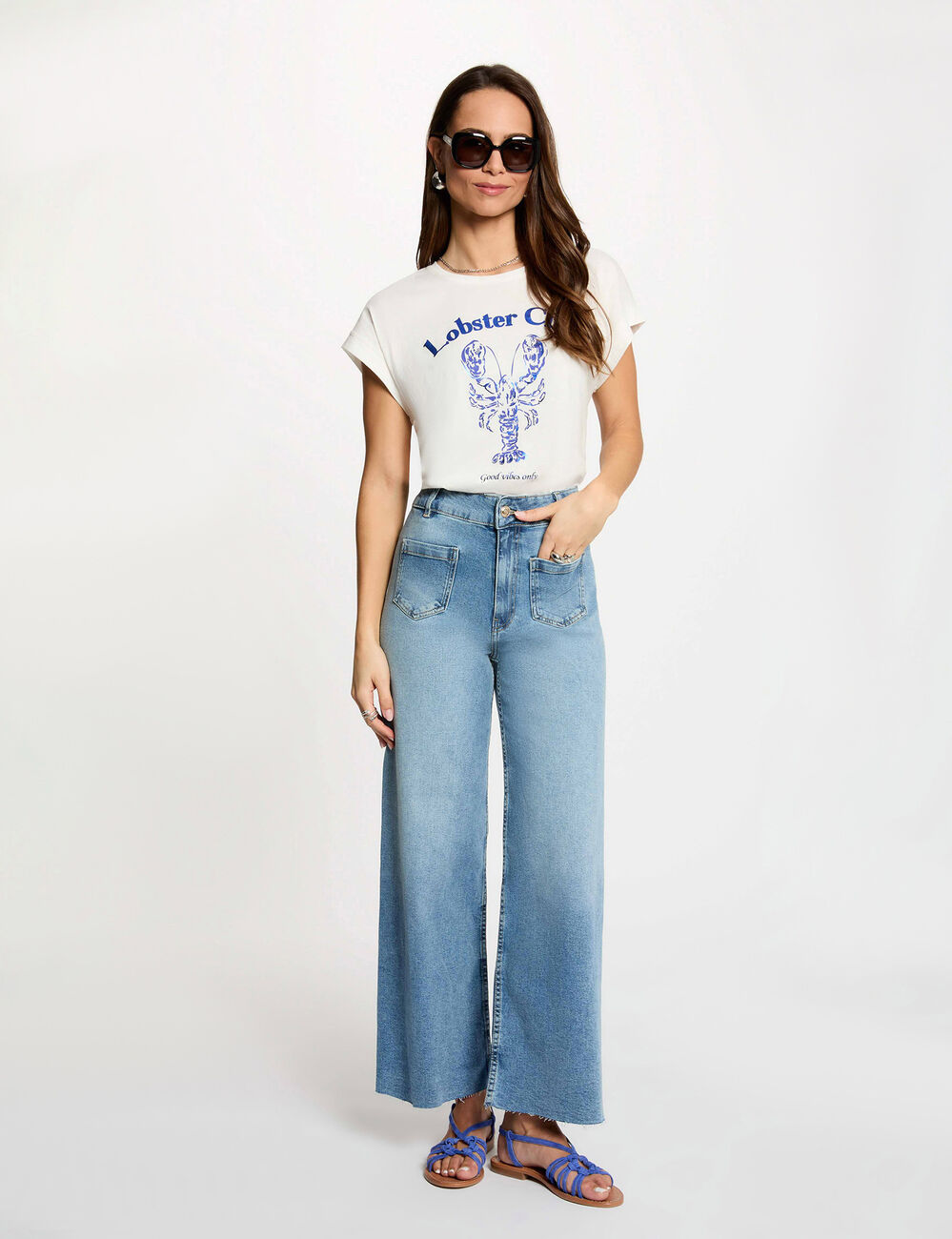 High-waisted wide-leg jeans heavy stone wash denim women