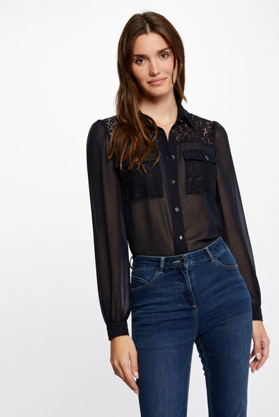 Long-sleeved shirt with lace navy ladies'