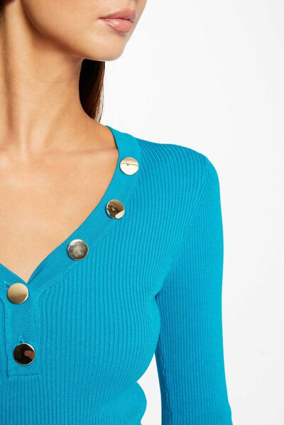 Long-sleeved jumper buttons fine knit blue ladies'