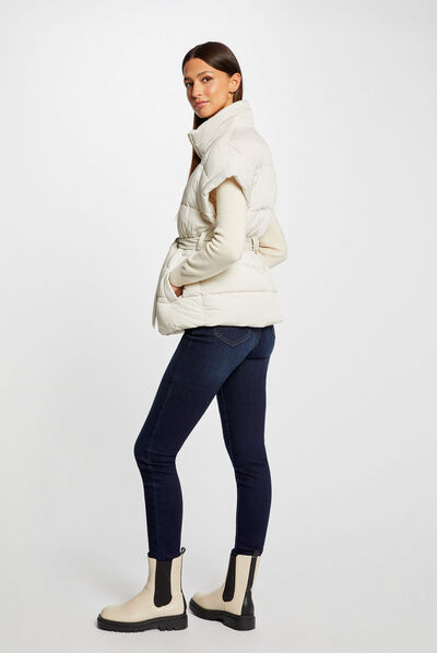 Straight padded jacket with belt ivory ladies'
