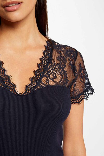 Short-sleeved t-shirt with lace navy ladies'