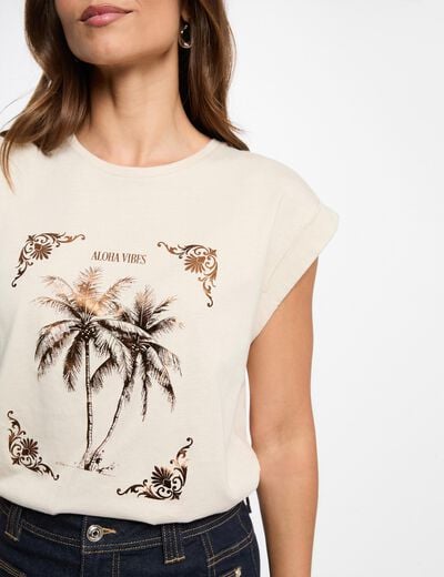 Printed t-shirt with round neck light beige women
