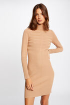 Knitted fitted dress with turtleneck camel women