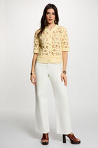 Crochet cardigan with round neck pastel yellow women
