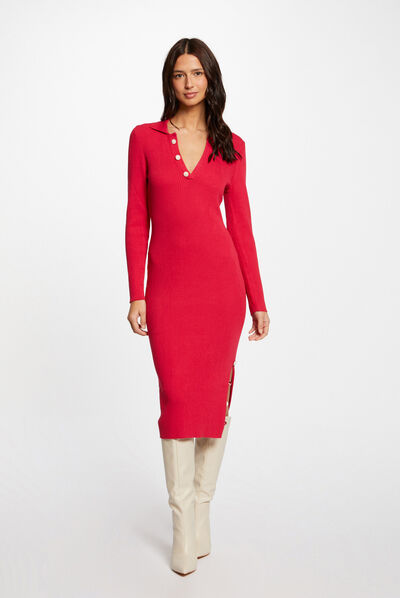Fitted jumper dress buttons and slit fuchsia ladies'