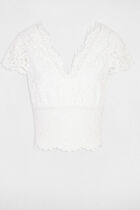 T-shirt à dentelle col en V ivoire femme