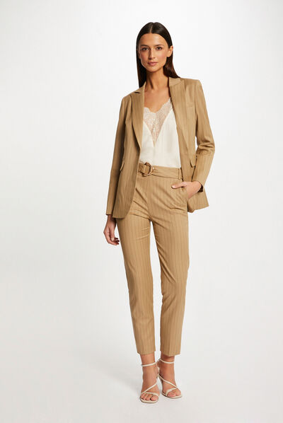 Cropped cigarette trousers with stripes beige ladies'
