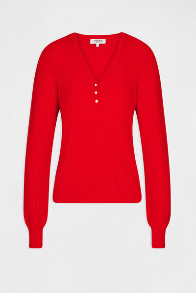 Long-sleeved jumper with V-neck red ladies'