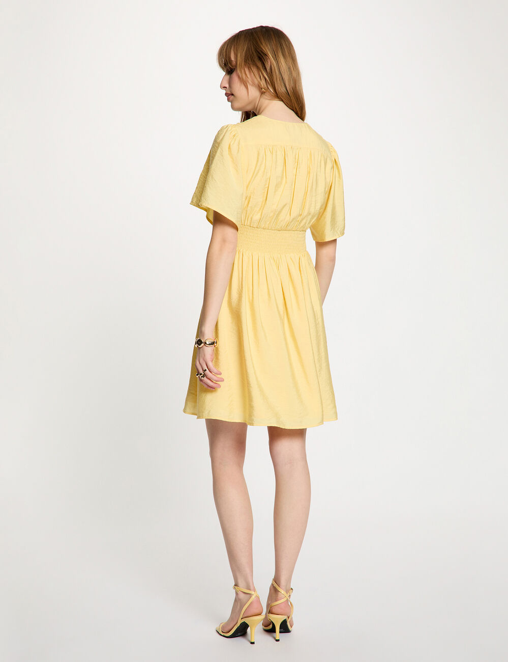 Pleated short dress light yellow women