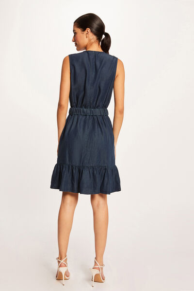 Belted sleeveless straight dress raw denim ladies'