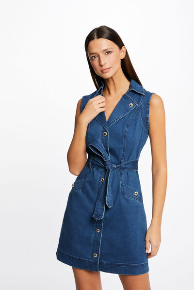 Belted buttoned straight denim dress stone denim ladies'
