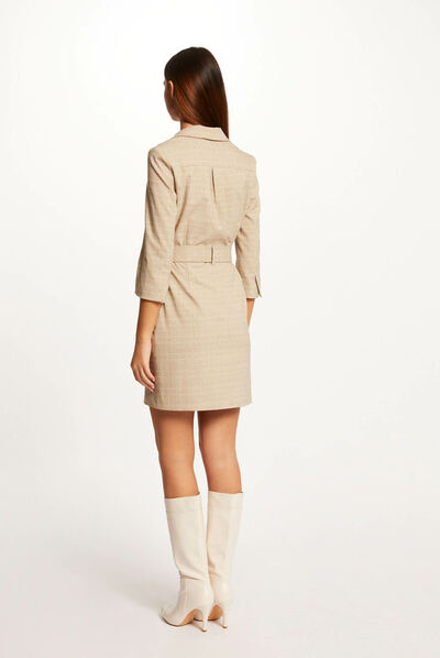 Checked belted straight dress beige ladies'