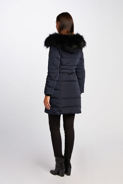 Waisted padded jacket with hood navy ladies'