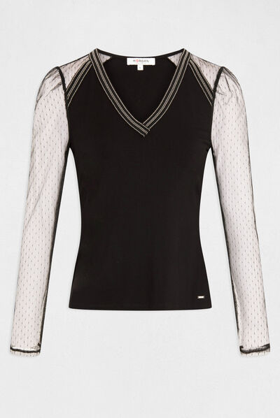 Long-sleeved t-shirt with dobby spot black ladies'