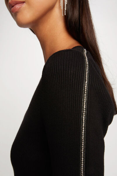Long-sleeved jumper jewelled strips black ladies'