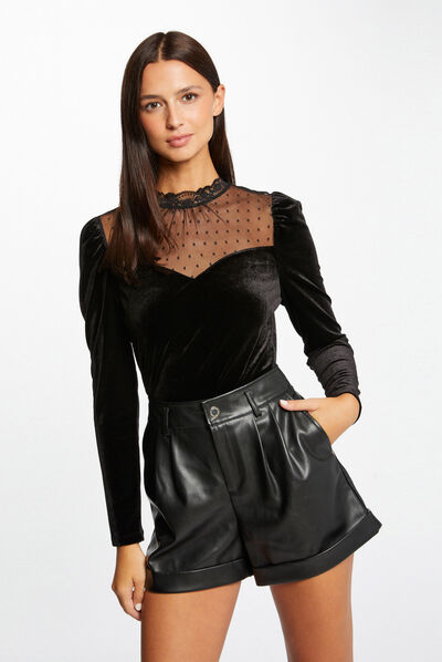 Long-sleeved velvet t-shirt dobby spot black ladies'