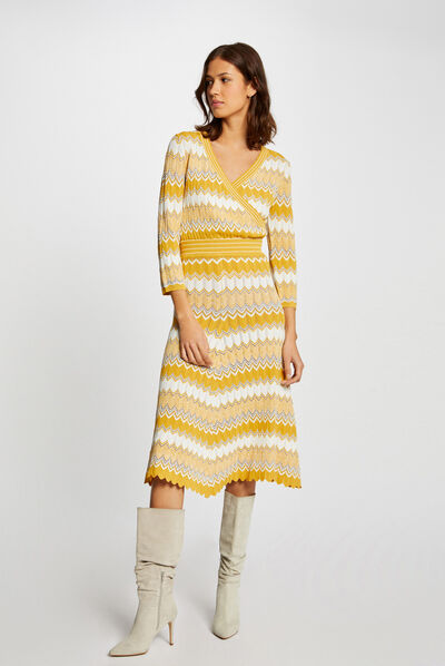 Knitted midi straight skirt with stripes yellow ladies'