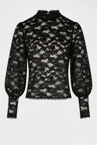 Lace long-sleeved t-shirt black ladies'