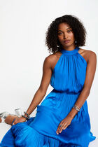 Robe longue évasée fluide bleu electrique femme