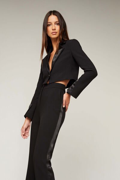 Short smoking jacket satin collar black ladies'