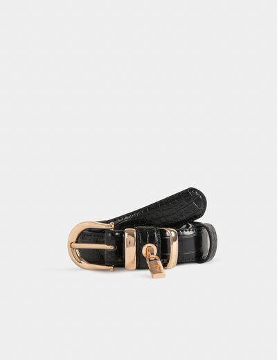 Belt with lock and croc effect black ladies'