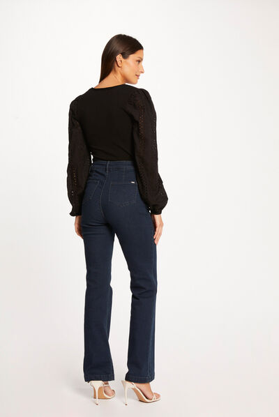 Jumper embroidered puff long sleeves black ladies'