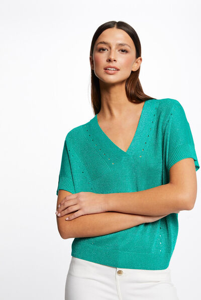 Short-sleeved jumper with V-neck light green ladies'