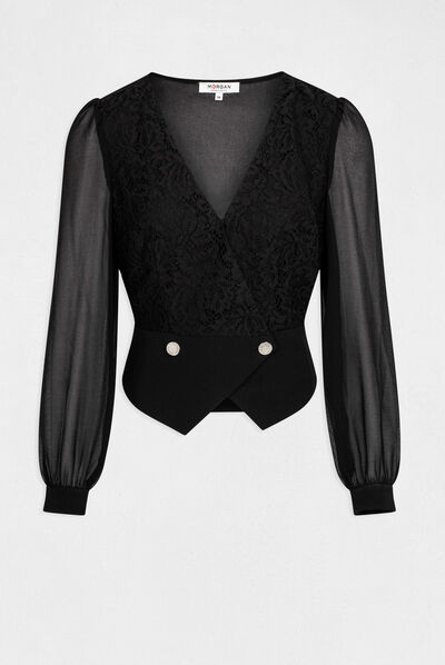 Long-sleeved blouse with lace black ladies'